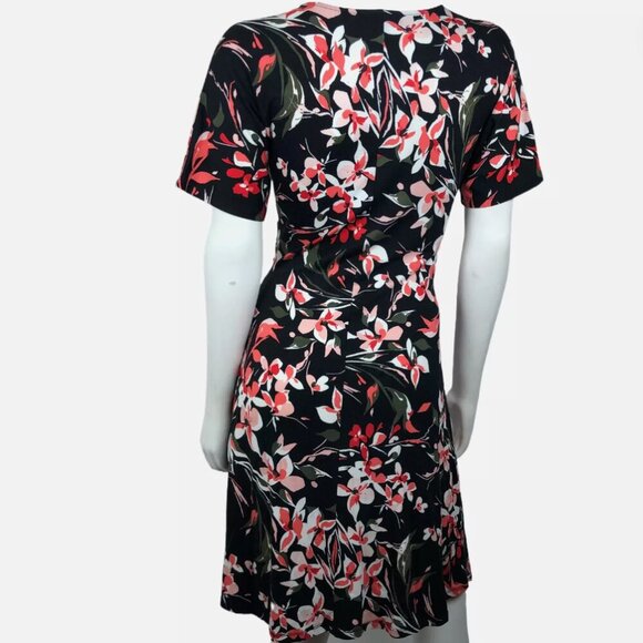 APT.9 Womens Dress Sz Small V-Neck Short Sleeves Flower A-Line Flowy Black Pink - Picture 3 of 11